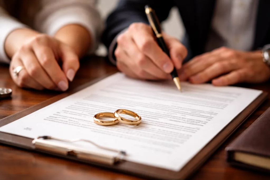 Dłonie pary podpisującej dokumenty, na których leżą dwie złote obrączki. Symbol ślubu lub rozwodu.