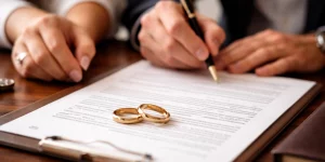 Dłonie pary podpisującej dokumenty, na których leżą dwie złote obrączki. Symbol ślubu lub rozwodu.