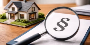 Model domu, lupa nad kartką z symbolem paragrafu (§).