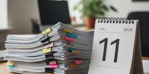 Stos dokumentów z kolorowymi fiszkami obok kalendarza z datą 11 luty 2026. Biurowe biurko.