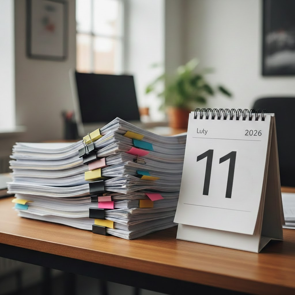 Stos dokumentów z kolorowymi fiszkami obok kalendarza z datą 11 luty 2026. Biurowe biurko.