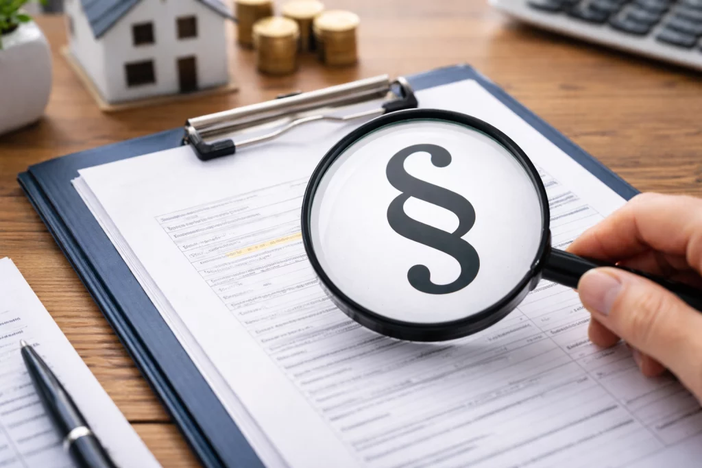 Lupa powiększająca symbol paragrafu na tle dokumentów prawnych.